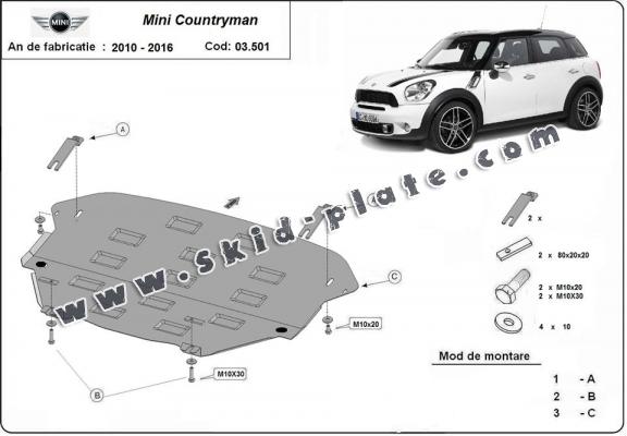 Steel skid plate for the protection of the engine and the gearbox for Mini Countryman